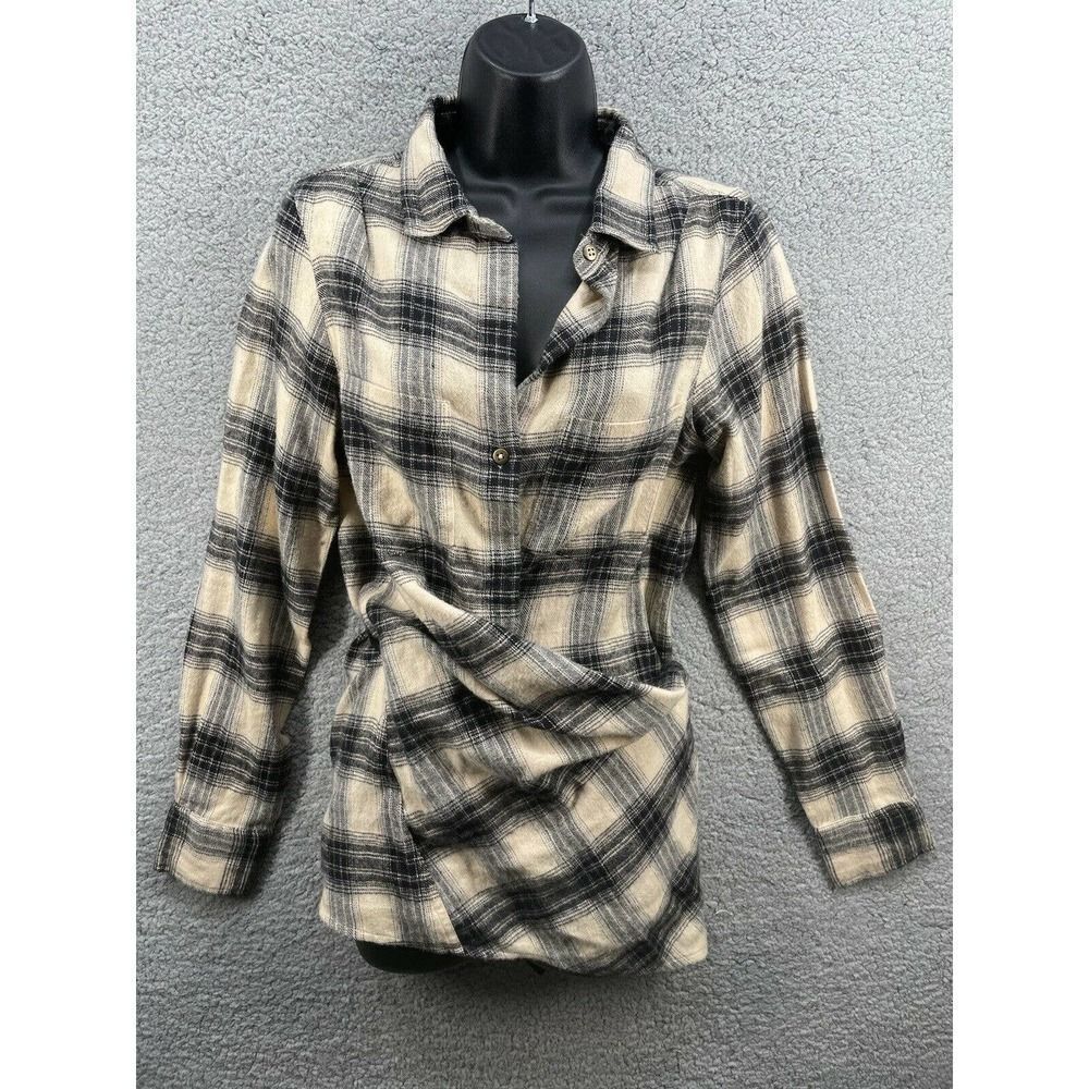 Nicholas K Roux Flannel Black Beige Check Wrap Blouse Size XSmall New
